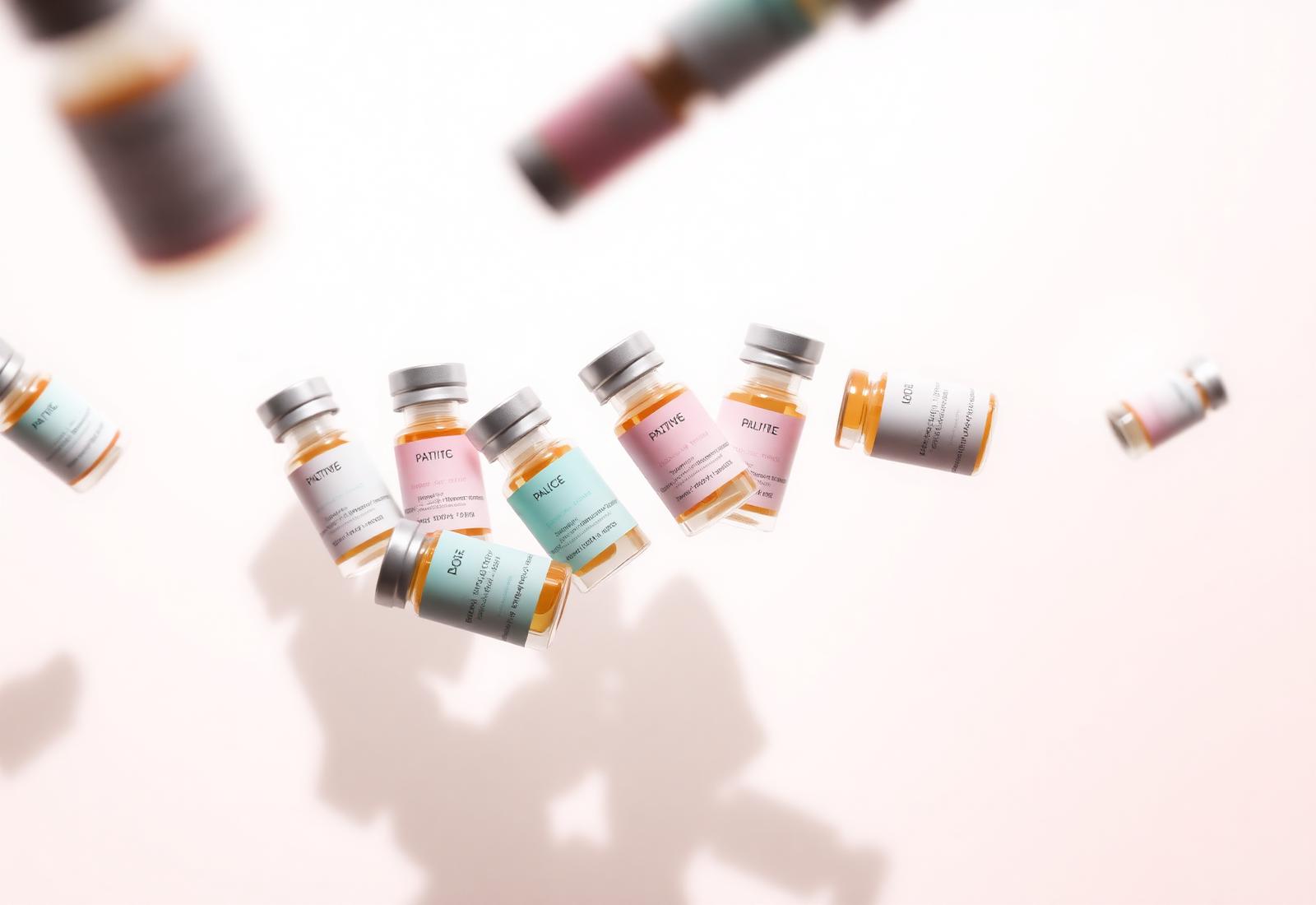 Pastel-labeled research peptide vials floating against a soft background